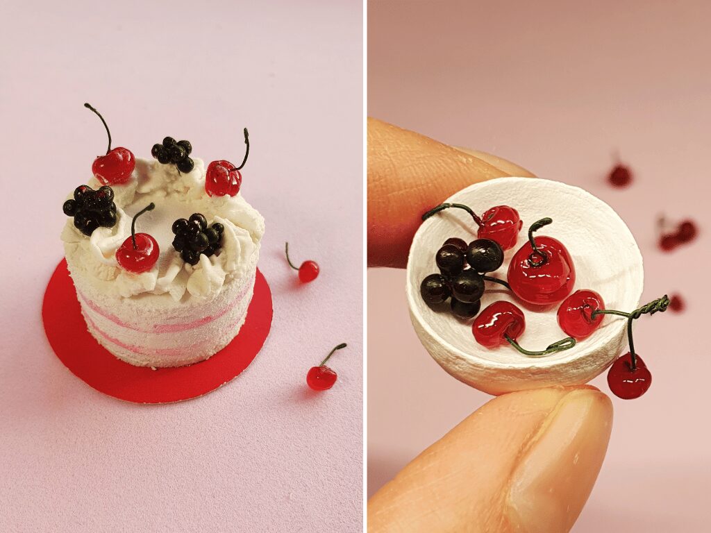 Handmade miniature cake and berries for dolls